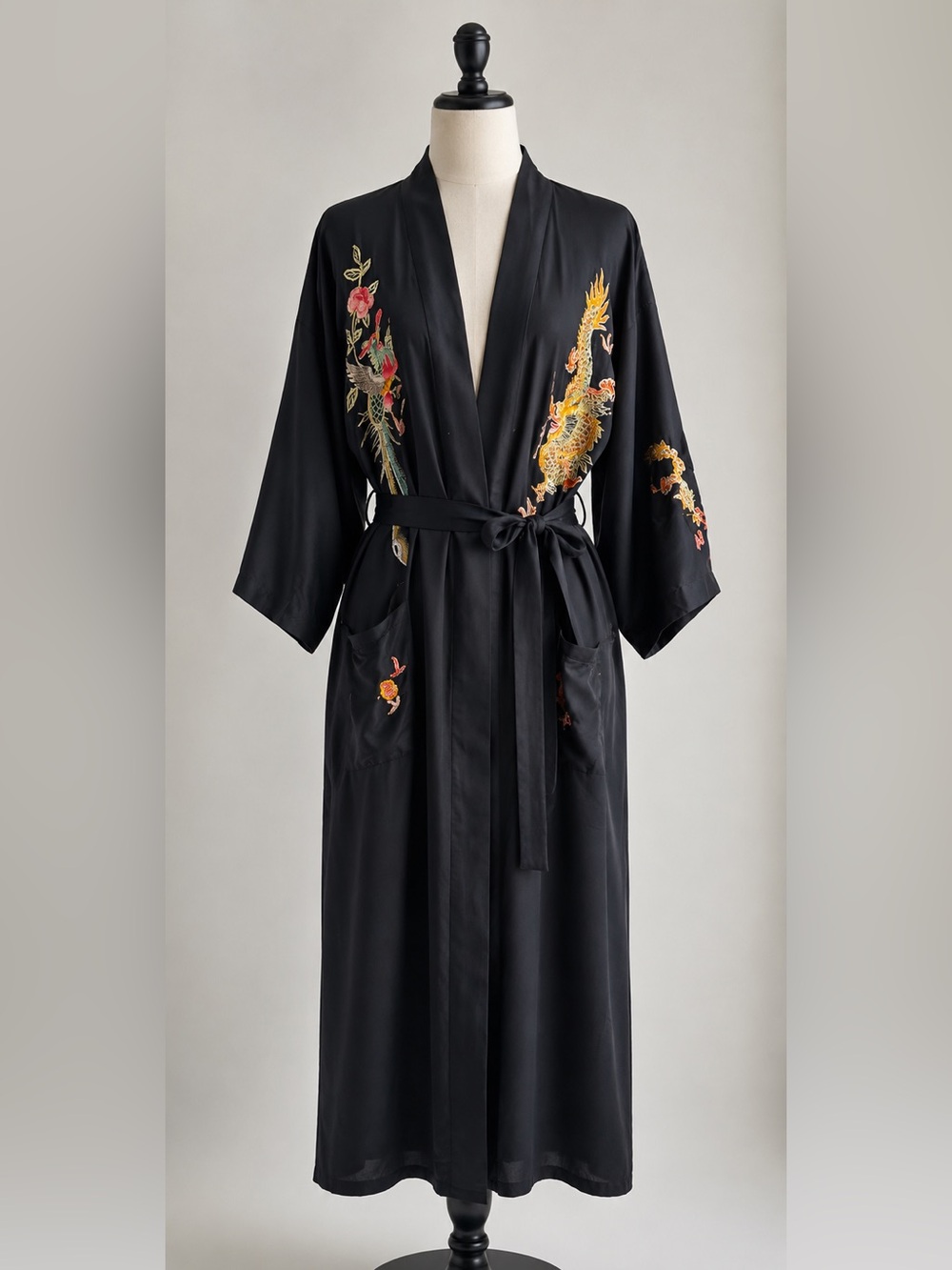 Vintage Phoenix Pure Silk Embroidered Dragon Kimono Robe